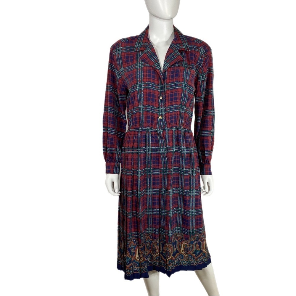 Schrader Petite Plaid Pleated Long Sleeve Button Down Vintage 80’s Dress